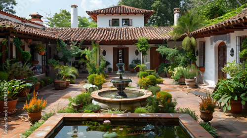 A Spanish colonial-style house with white walls, red roof tiles, and decorative tiles. Incorporate courtyards with fountains and lush vegetation.