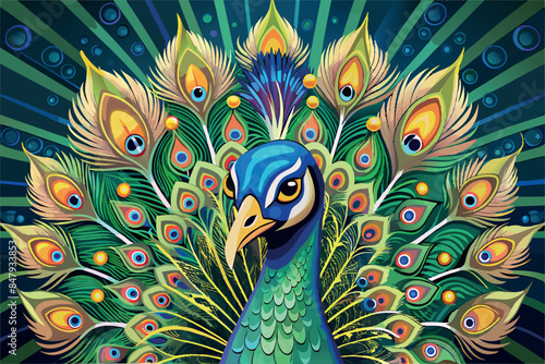 A peacock with its tail unfurled. it is in the center of the image, its head, and feathers fully exposed. a theme associated with beauty and pride.