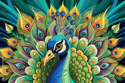 A peacock with its tail unfurled. it is in the center of the image, its head, and feathers fully exposed. a theme associated with beauty and pride.