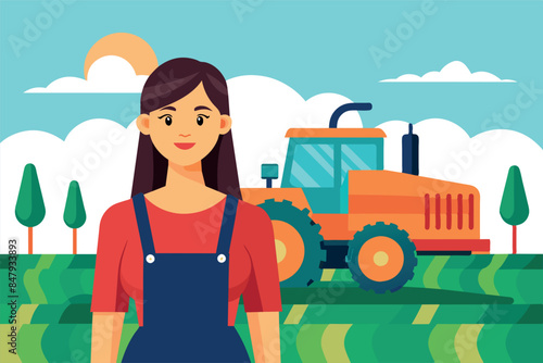 A scene on a farm: a girl manager stands in front of a field, and a tractor can be seen behind him among plowed fields with crops on either side. Hills and clear sky can be seen in the distant backgro