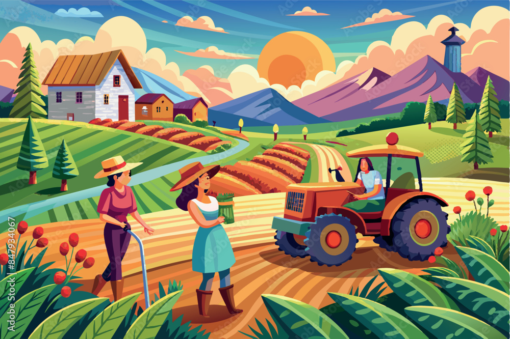 Fototapeta premium A rural landscape during sunset. In the foreground are fields with rows of cultivated plants, and a tractor is driven by a man in a hat. farmers carrying a basket of crops