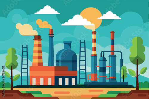 Stylized industrial plant. consists of several buildings including tall smokestacks, various pipes and tanks, and a building with windows. theme - industry, pollution