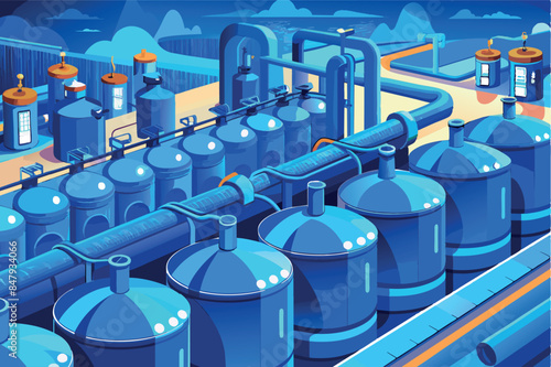 An industrial environment with several blue cylindrical tanks connected by pipes. Theme industrial infrastructure in a stylized and colorful manner