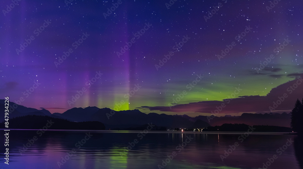 Scenic view of aurora borealis over tranquil mountain lake and night sky Scenic view of aurora borealis over tranquil mountain lake and night sky