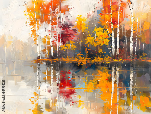 Oil painting colorful autumn trees. Semi abstract image of forest, aspen trees with yellow - red leaf and lake. Autumn, Fall season nature background Oil color painting. Generative AI.