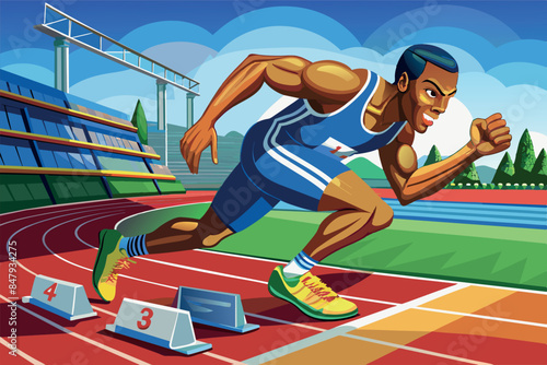 the moment before the start of a sprint race. The athlete is on the starting blocks and preparing for the sprint. He is standing in a low starting position with one hand resting on the ground,