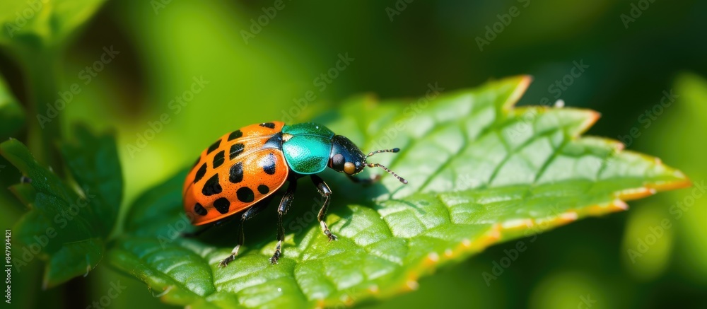 Beautiful small orange beetle crawling on fresh green leaf in daylight. Creative banner. Copyspace image