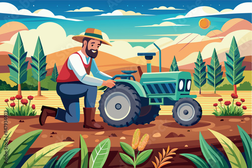 a farmer working in the field. He wears a hat, overalls and boots, is kneeling and planting or tending crops.