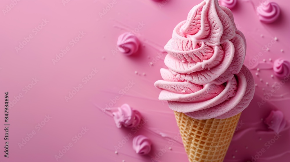 a Pink ice cream cone on a blank pink background, summery setting for a stock photo with copy space a Pink ice cream cone on a blank pink background, summery setting for a stock photo with copy space