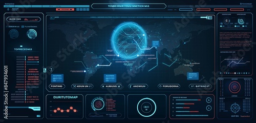 An advanced interface displaying a cybersecurity threat map with dynamic alerts and statuses in a command center.
