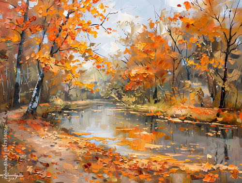 Oil painting landscape - autumn forest near the river, orange leaves Oil color painting. Generative AI.