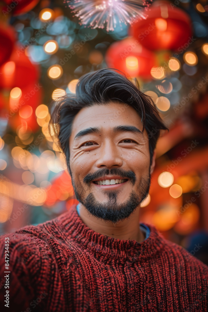 handsome asian man, beard stubble, hairy, chest hair, chinese new year, red sweater, fireworks, selfie, muscular, smiling handsome asian man, beard stubble, hairy, chest hair, chinese new year, red sweater, fireworks, selfie, muscular, smiling