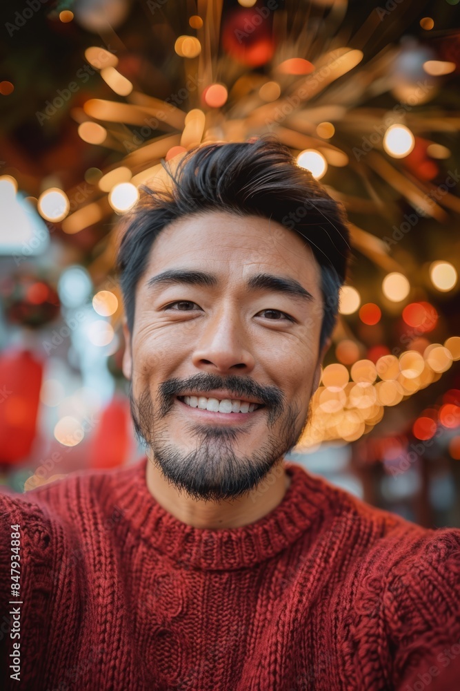 handsome asian man, beard stubble, hairy, chest hair, chinese new year, red sweater, fireworks, selfie, muscular, smiling handsome asian man, beard stubble, hairy, chest hair, chinese new year, red sweater, fireworks, selfie, muscular, smiling