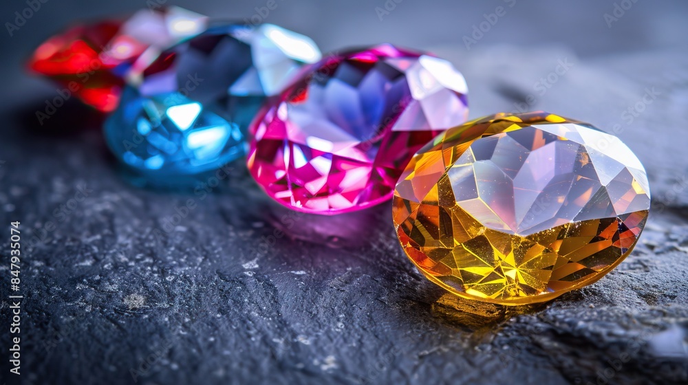 Sparkling multicolored gems placed on a dark textured surface creating a vibrant and luxurious display Sparkling multicolored gems placed on a dark textured surface creating a vibrant and luxurious display