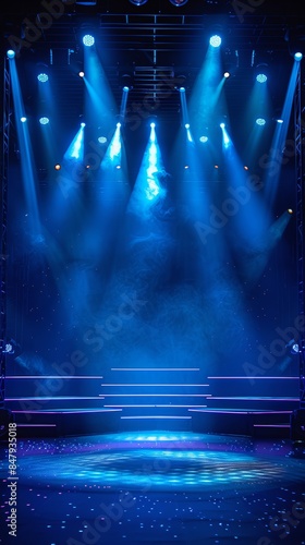  a game show stage background, black background, blue spotlights, stage lights, beautiful lighting