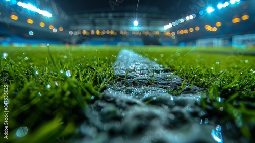 Fototapeta Naklejka Na Ścianę i Meble -  grass on a soccer pitch at night, stadium lighting, action shot, dynamic angles, premier league 