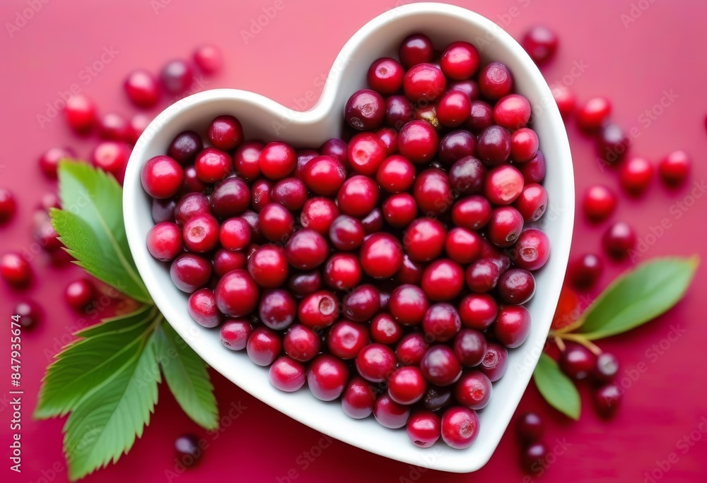 A heart-shaped plate filled with ripe cranberries on a red berry background A heart-shaped plate filled with ripe cranberries on a red berry background