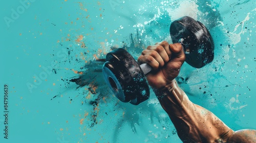 Bodybuilder lifting heavy dumbbell on artistic background