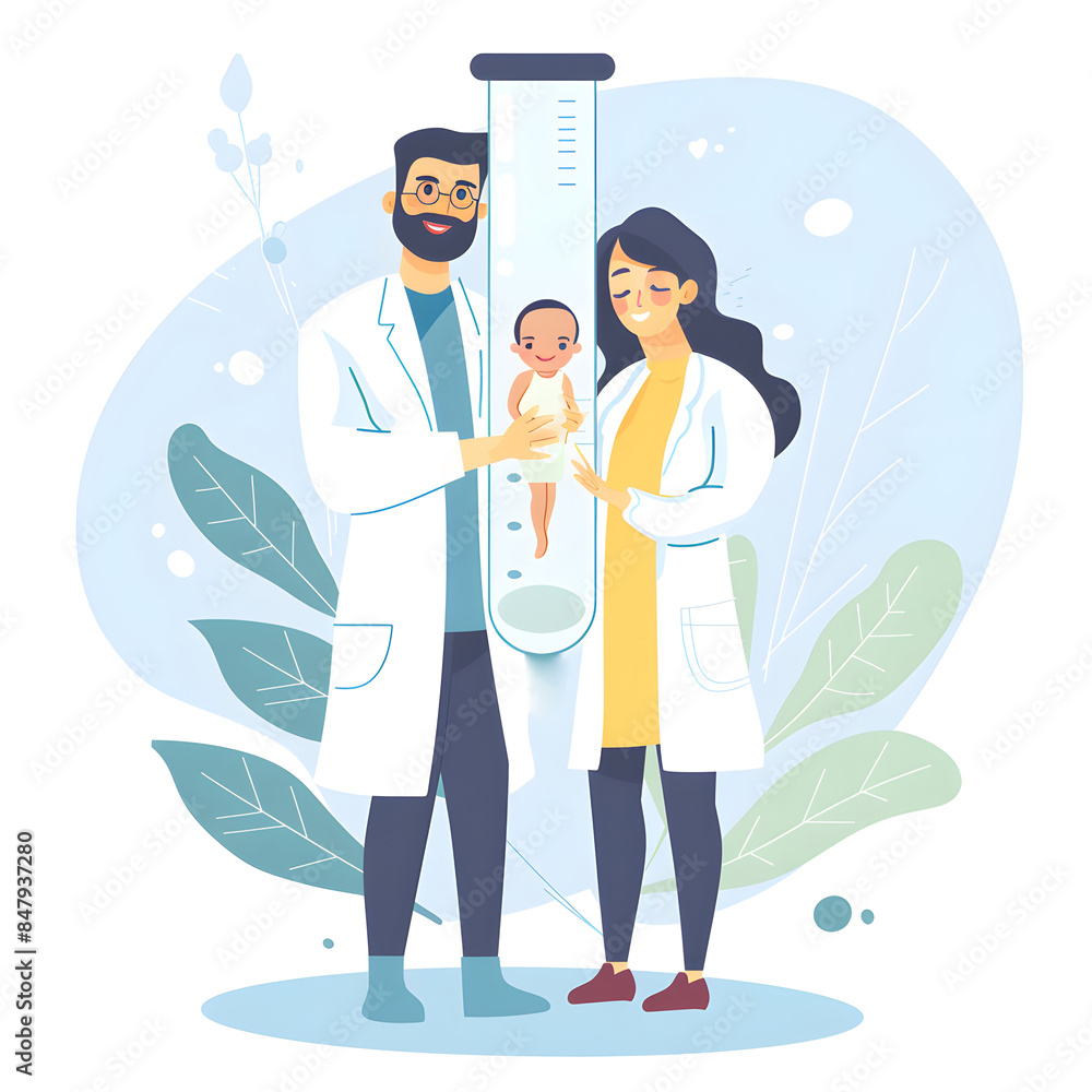 Illustration of a happy family. Artificial insemination. Test tube baby, IVF. Concept of artificial insemination and infertility treatment Illustration of a happy family. Artificial insemination. Test tube baby, IVF. Concept of artificial insemination and infertility treatment