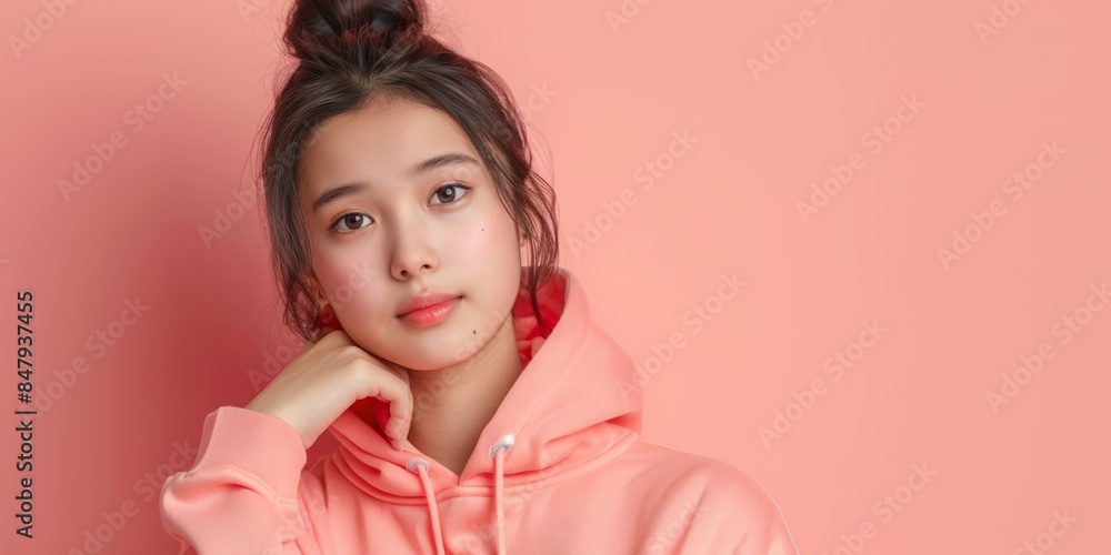 Thoughtful young woman in a pink hoodie, standing against a pink background. Thoughtful young woman in a pink hoodie, standing against a pink background.
