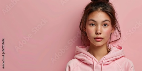 Thoughtful young woman in a pink hoodie, standing against a pink background.