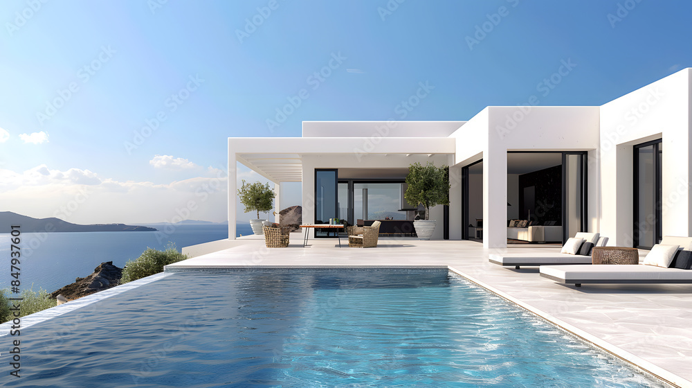 Fototapeta premium A Greek-style house with white façades, blue accents, and large terraces overlooking the sea or surroundings. Use natural stone and minimalist decoration.