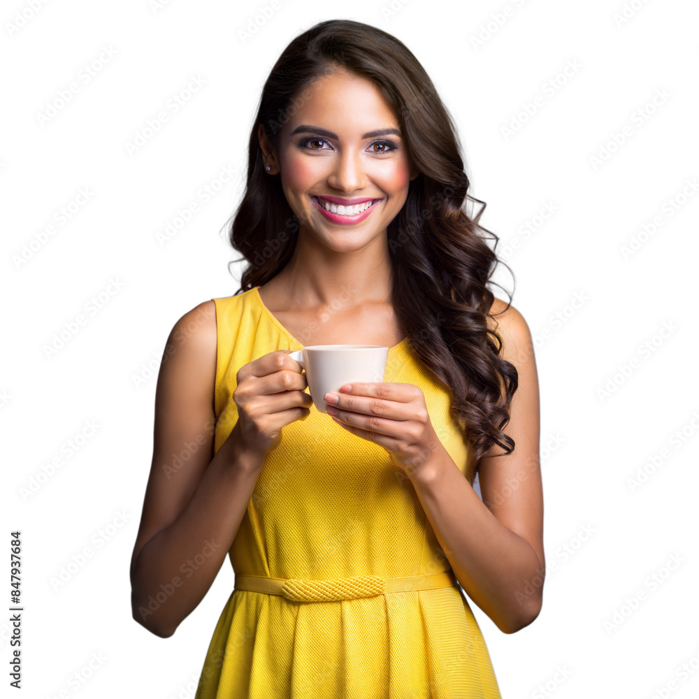 Smiling woman in yellow dress holding a coffee cup Smiling woman in yellow dress holding a coffee cup