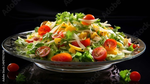 Salad with fresh vegetables and green leaves on a black background. selective focus. Generative AI,