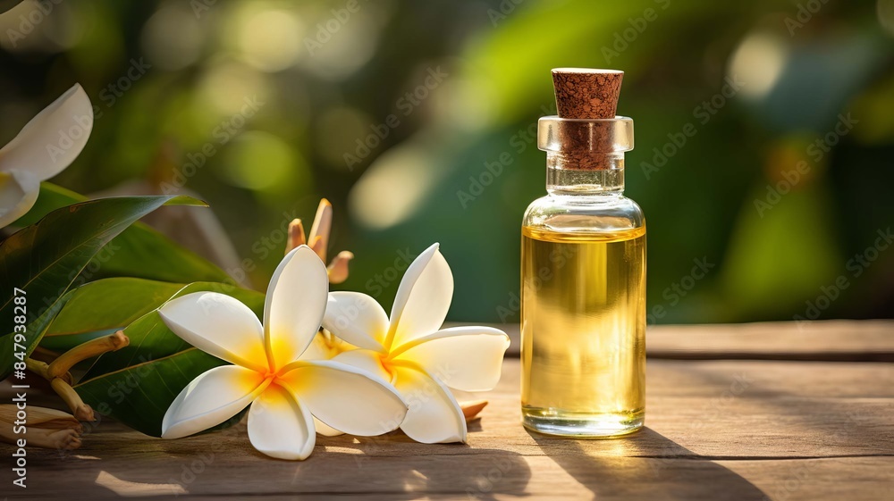 Plumeria essential oil in bottles. selective focus. Generative AI, Plumeria essential oil in bottles. selective focus. Generative AI,