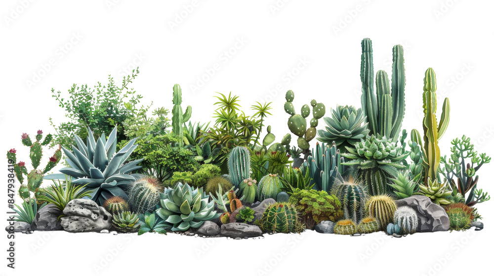 Fototapeta premium A vibrant collection of cacti and succulents in a desert landscape. The variety of textures and shapes creates a visually appealing composition.