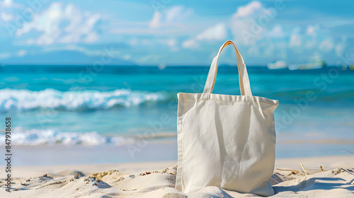 Blank Eco Cotton Tote Bag shopper with tropical sea background