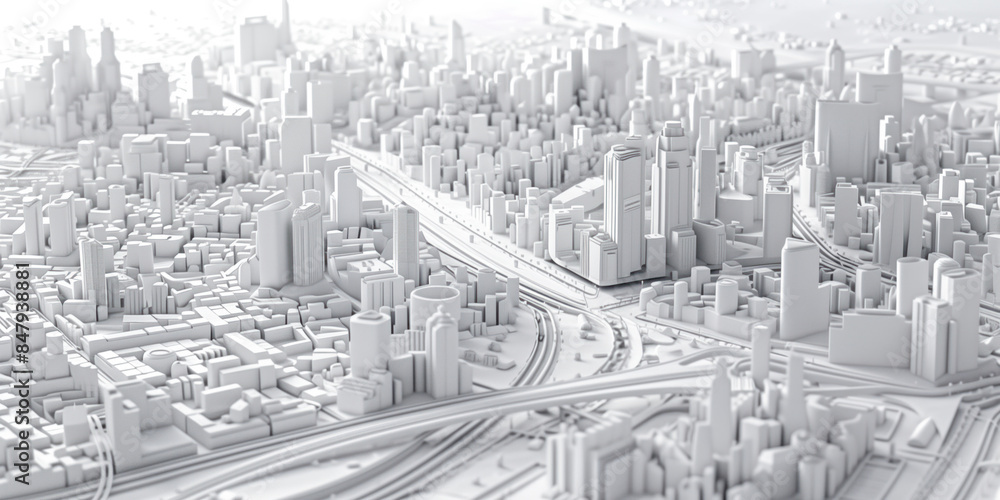 Birds Eye view of a modern city. Urban concept. White clay 3D rendering. Created with Generative AI technology. Birds Eye view of a modern city. Urban concept. White clay 3D rendering. Created with Generative AI technology.