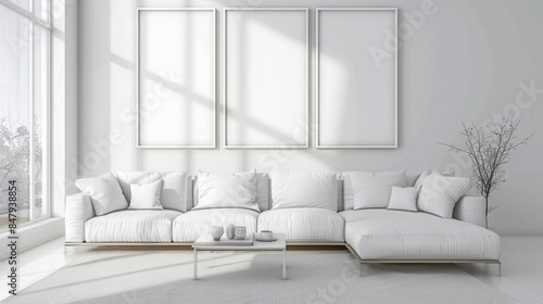 Cozy white living room with natural light and 3 empty white frames on wall , cozy, living room, white, natural light, empty frames, decoration, interior design, home decor, modern © Khalif