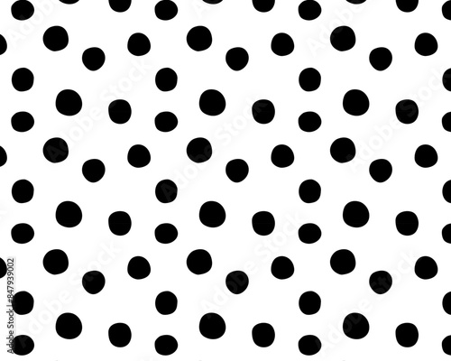 Black random dots on a white background. Background with seamless polka dot pattern, vector black and white print with hand-drawn dots, for printing on fabric.