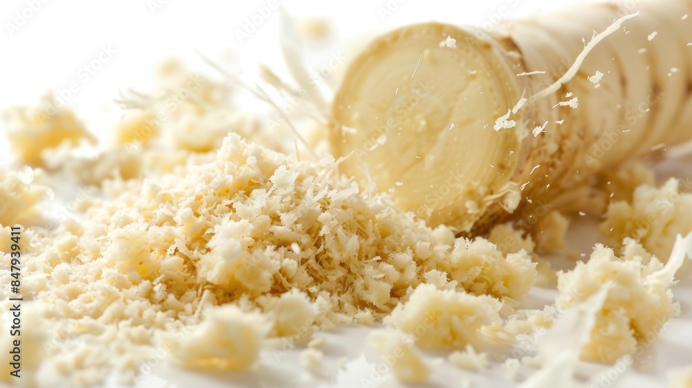 Shredded ivory root vegetable with scattered flakes on light background Shredded ivory root vegetable with scattered flakes on light background