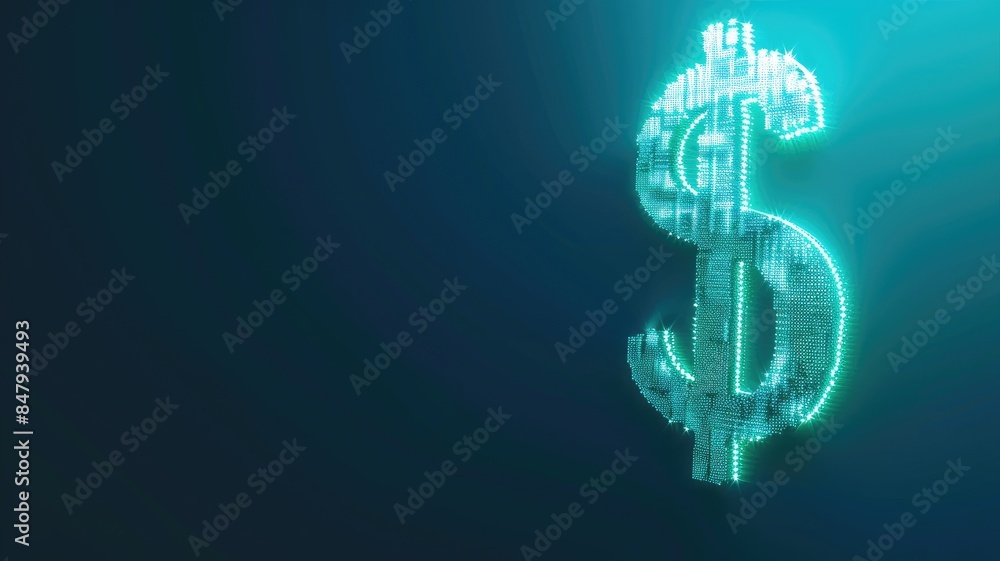 Glowing digital dollar sign with pixelated effects on dark background Glowing digital dollar sign with pixelated effects on dark background