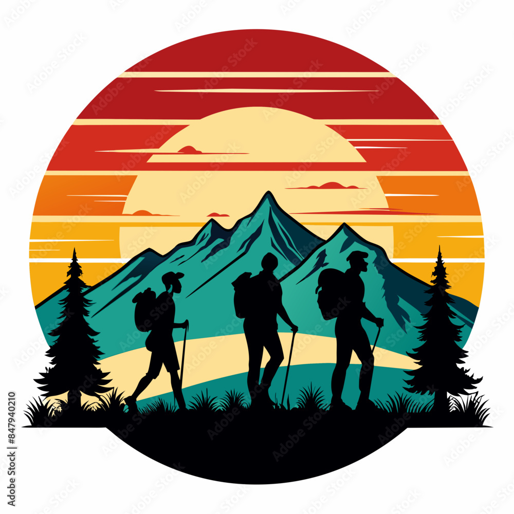 Naklejka premium Vector t-shirt design. Black silhouette hiking vintage retro sunshine isolated on the background. Conceptual art, vibrant painting illustration.