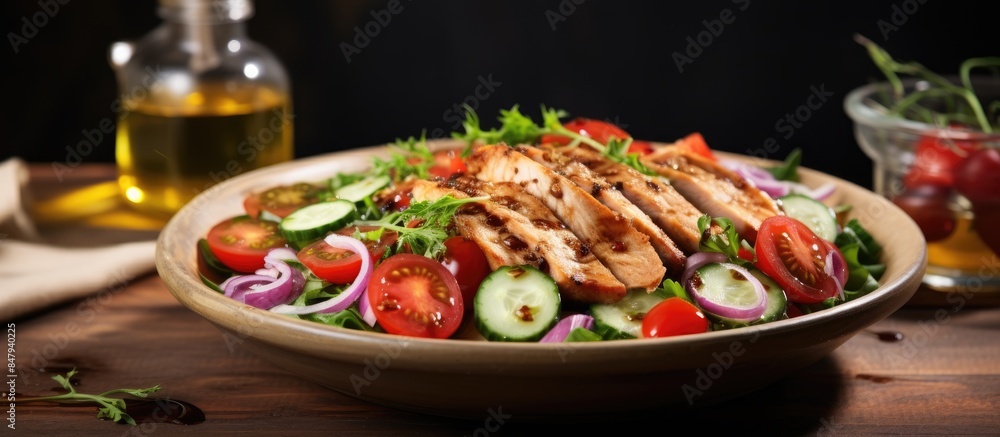 Fresh delicious salad with chicken tomato cucumber onions and greens with olive oil Summer menu salads. Creative banner. Copyspace image Fresh delicious salad with chicken tomato cucumber onions and greens with olive oil Summer menu salads. Creative banner. Copyspace image