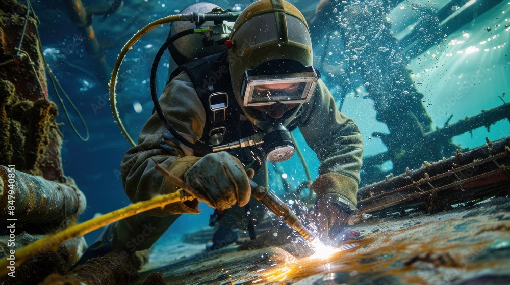Workers welding underwater pipes at construction site Workers welding underwater pipes at construction site