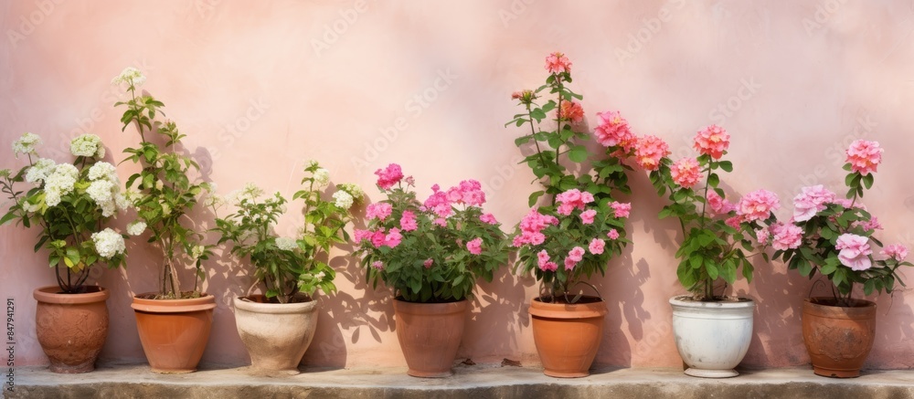 Flowers are in pots and hung on the wall. Creative banner. Copyspace image Flowers are in pots and hung on the wall. Creative banner. Copyspace image