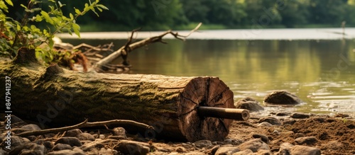 The trunk of a fallen tree with a suvel on the river bank. Creative banner. Copyspace image photo
