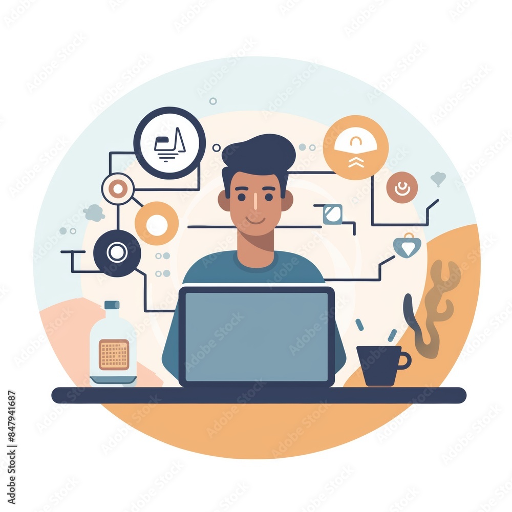 Abstract illustration of a person using a laptop with a minimalist design and a pastel background Abstract illustration of a person using a laptop with a minimalist design and a pastel background