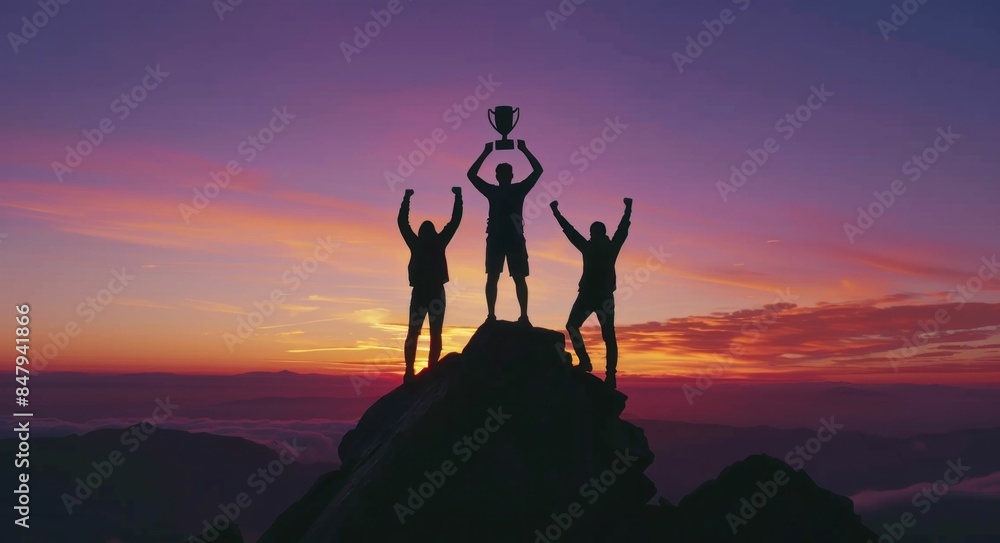 Three people celebrating victory on mountain top with trophy under colorful sunset sky Three people celebrating victory on mountain top with trophy under colorful sunset sky