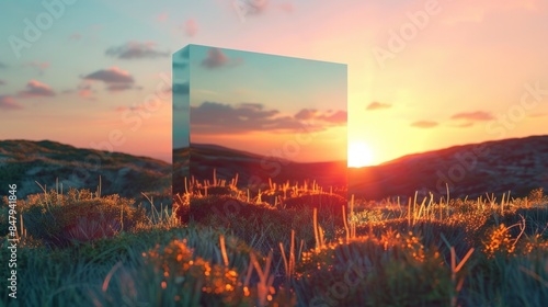 Geometric mirror, square mirror, monolith in the natural landscape. innovation and technology abstract background futuristic abstract background concept