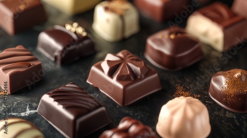 An artistic presentation of gourmet chocolates arranged on a sleek, dark surface under artistic lighting, perfect for a luxury food advertisement. © Aasim,s