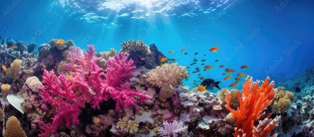Fototapeta premium Beautiful coral garden in Red Sea. Creative banner. Copyspace image