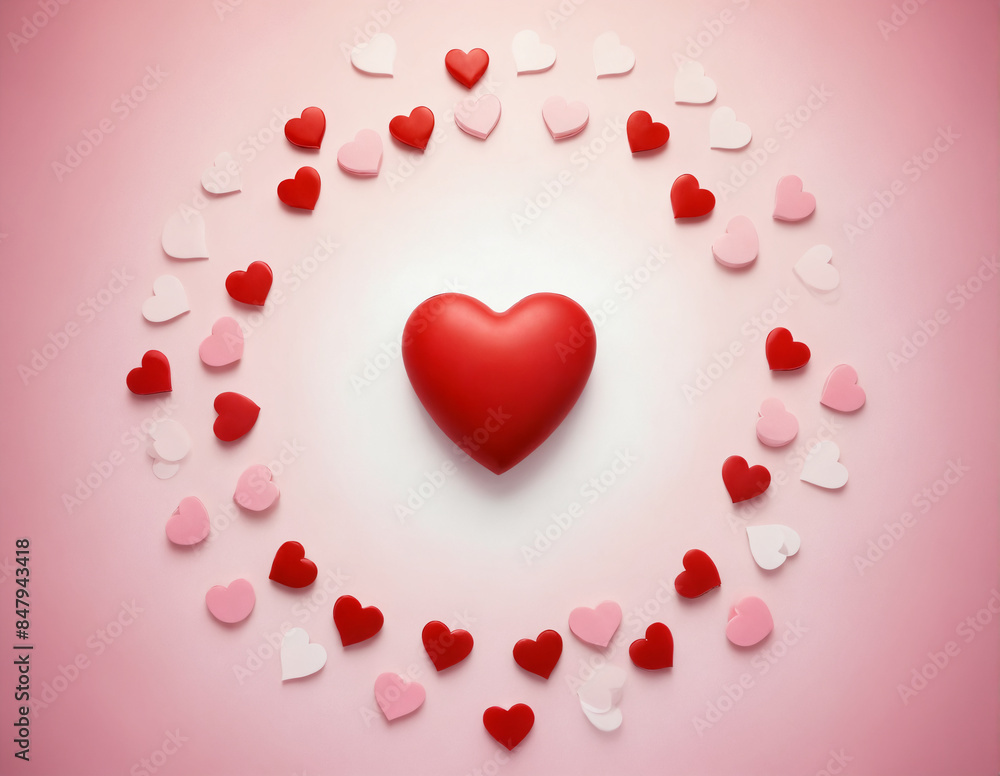 Red heart surrounded by pink and white hearts on a pink background.Valentine's Day, holiday, wedding, engagement. Red heart surrounded by pink and white hearts on a pink background.Valentine's Day, holiday, wedding, engagement.