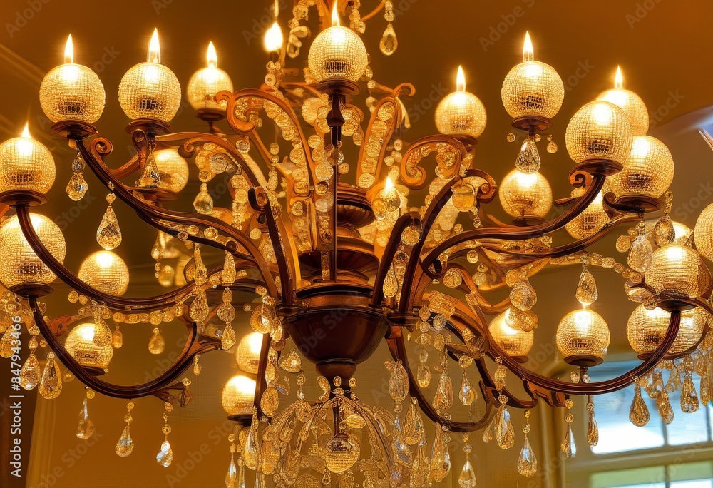 A close-up of a chandelier with crystal balls hanging from it A close-up of a chandelier with crystal balls hanging from it