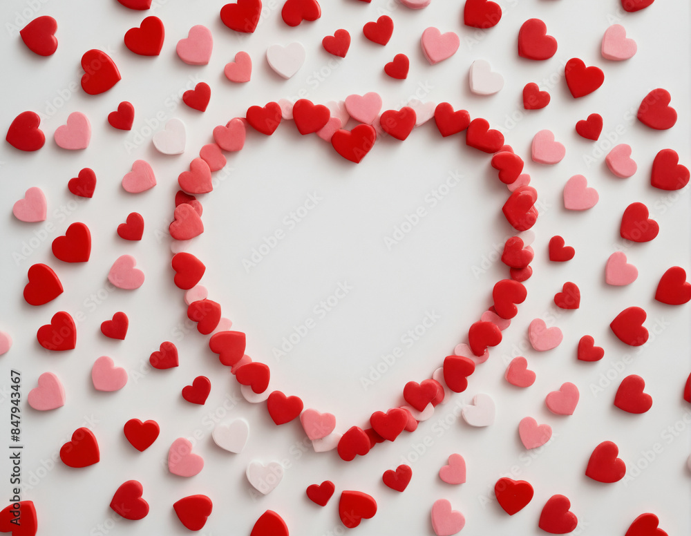 Red and pink hearts arranged in a heart shape on a white surface.Valentine's Day, holiday, wedding, engagement. Red and pink hearts arranged in a heart shape on a white surface.Valentine's Day, holiday, wedding, engagement.