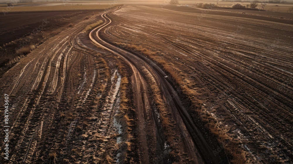 Empty path winding through rural areas with wheat, aerial view. Arid. Empty path winding through rural areas with wheat, aerial view. Arid.